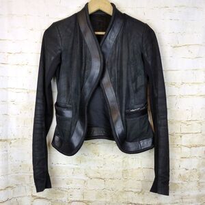 Rick Owen Distress Lamb Leather Jacket Women 6US Black Open Front Goth Y2K FLAWS